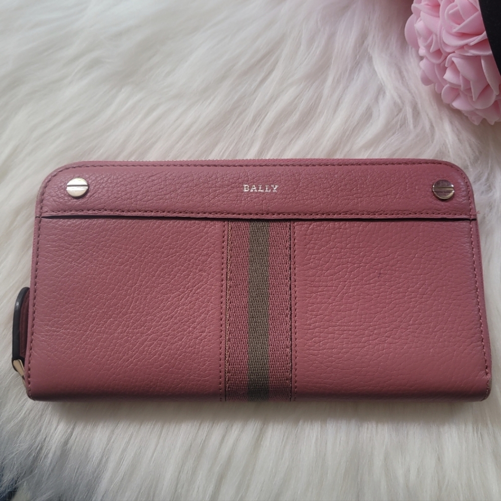 BALLY Striped Pink Leather Zip-Around Long Wallet